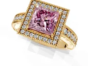 Milgrain Halo Engagement Ring Setting for Fancy Pink Princess Cut Center with Pave Band and Prong Head in Yellow Gold