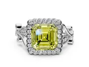Halo Engagement Ring Setting for Fancy Yellow Asscher Cut Center with Leaf Motif Split Shank and Prong Head in Platinum