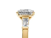 3 Stone Engagement Ring Setting for Radiant Cut Center with Channel Baguette Accents and Prong Head in Yellow Gold