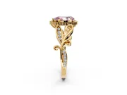 Halo Engagement Ring Setting for Fancy Pink Pear-Shaped Center with Leaf Motif Split Shank and Prong Head in Yellow Gold
