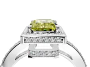 Halo Engagement Ring Setting for Fancy Yellow Emerald Cut Center with Metal-Rimmed Halo, Pave Band and Prong Head in Platinum