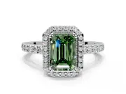 Halo Engagement Ring Setting for Fancy Green Emerald Cut Center with Inner Milgrain Border and Prong Head in Platinum