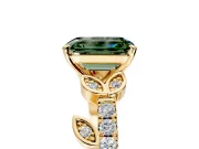 Leaf Motif Engagement Ring Setting for Fancy Green Emerald Cut Center with Pave Band and Prong Head in Yellow Gold