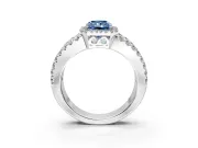 Halo Engagement Ring Setting for Fancy Blue Radiant Cut Center with Wide-Open Pave Split Shank and Prong Head in Platinum