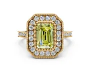 Halo Engagement Ring Setting for Fancy Yellow Emerald Cut Center with Milgrain Frame, Pave Band and Prong Head in Yellow Gold
