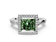 Halo Engagement Ring Setting for Fancy Green Princess Cut Center with Twist Band and Prong Head in Platinum