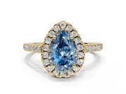 Halo Engagement Ring Setting for Fancy Blue Pear-Shaped Center with Raised Halo, Pave Band and Prong Head in Yellow Gold