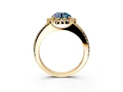 Pave Halo Engagement Ring Setting for Fancy Blue Round Cut Center with Single Row Pave Band and Prong Head in Yellow Gold