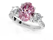 3 Stone Engagement Ring Setting for Fancy Pink Oval Center with Crossover Basket, Pave Band and Prong Head in Sterling Silver