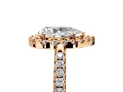 Pave Halo Engagement Ring Setting for Pear-Shaped Center with Single Row Pave Band and Prong Head in Rose Gold