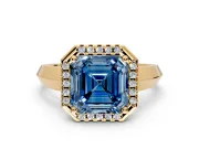 Halo Engagement Ring Setting for Fancy Blue Asscher Cut Center with Knife Ridge Cathedral Band and Prong Head in Yellow Gold