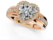 Halo Engagement Ring Setting for Heart-Shaped Center with Wide Band, Inlaid Accent Row and Prong Head in Rose Gold