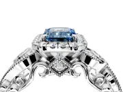 Milgrain Halo Engagement Ring Setting for Fancy Blue Emerald Cut Center with Shoulder Bezels and Prong Head in Platinum