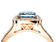 Halo Engagement Ring Setting for Fancy Blue Asscher Cut Center with Pave Accents, Heart Basket and Prong Head in Rose Gold