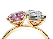Fancy Pink Cushion Cut and Emerald Cut Lab-Grown Diamond Toi et Moi Engagement Ring with Prong-Set Stones in Yellow Gold