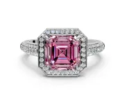 Milgrain Halo Engagement Ring Setting for Fancy Pink Asscher Cut Center with Three-Sided Pave Band and Prong Head in Sterling Silver