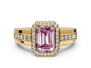 Halo Engagement Ring Setting for Fancy Pink Emerald Cut Center with Wide Band, Inlaid Accent Row and Prong Head in Yellow Gold