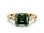 3 Stone Engagement Ring Setting for Fancy Green Asscher Cut Center with Low-Set Round Cut Accents and Prong Head in Yellow Gold