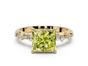 Cluster Engagement Ring Setting for Fancy Yellow Princess Cut Center with Round Cut Accent Band and Prong Head in Yellow Gold