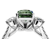 3 Stone Engagement Ring Setting for Fancy Green Radiant Cut Center with Crossover Basket, Pave Band and Prong Head in White Gold