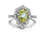 Milgrain Halo Engagement Ring Setting for Fancy Yellow Pear-Shaped Center with Bezel Point Accents and Prong Head in White Gold