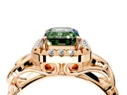 Halo Engagement Ring Setting for Fancy Green Emerald Cut Center with Open Scroll Shoulders and Prong Head in Rose Gold