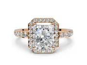 Halo Engagement Ring Setting for Radiant Cut Center with Heart-Shaped Openwork, Pave Band and Prong Head in Rose Gold