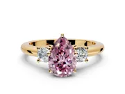 3 Stone Engagement Ring Setting for Fancy Pink Pear-Shaped Center with Wide Plain Band and Prong Head in Yellow Gold