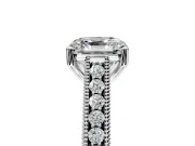 Solitaire Engagement Ring Setting for Asscher Cut Center with Engraved Pave Band and Prong Head in Platinum
