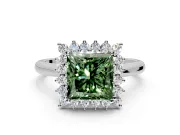 Starburst Halo Engagement Ring Setting for Fancy Green Princess Cut Center with Thin Round-Wire Band and Prong Head in White Gold