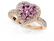 Halo Engagement Ring Setting for Fancy Pink Heart-Shaped Center with Heart-Shaped Openwork, Pave Band and Prong Head in Rose Gold