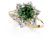Small-Accent Cluster Halo Engagement Ring Setting for Fancy Green Round Cut Center with Plain Band and Prong Head in Yellow Gold