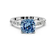 Baguette Engagement Ring Setting for Fancy Blue Cushion Cut Center with Alternating Bar-Set Band and Prong Head in Platinum