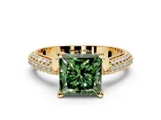 Solitaire Engagement Ring Setting for Fancy Green Princess Cut Center with Multi-Row Accents and Prong Head in Yellow Gold