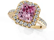 Pave Halo Engagement Ring Setting for Fancy Pink Radiant Cut Center with Single Row Pave Band and Prong Head in Yellow Gold