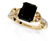 Leaf Motif Engagement Ring Setting for Fancy Black Radiant Cut Center with Pave Band and Prong Head in Yellow Gold