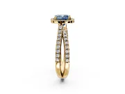 Halo Engagement Ring Setting for Fancy Blue Cushion Cut Center with Double Pave Split Shank and Prong Head in Yellow Gold