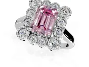 Cluster Halo Engagement Ring Setting for Fancy Pink Emerald Cut Center with Milgrain Bezel Accents and Prong Head in White Gold