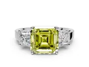 3 Stone Engagement Ring Setting for Fancy Yellow Asscher Cut Center with Matching Side Accents and Prong Head in Platinum