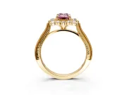 Milgrain Halo Engagement Ring Setting for Fancy Pink Emerald Cut Center with Bezel Point Accents and Prong Head in Yellow Gold