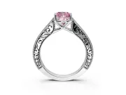 Solitaire Engagement Ring Setting for Fancy Pink Cushion Cut Center with Engraved Pave Band and Prong Head in Platinum