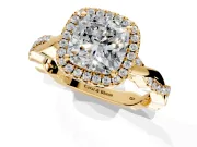 Halo Engagement Ring Setting for Cushion Cut Center with Pave and Plain Twist Band and Prong Head in Yellow Gold