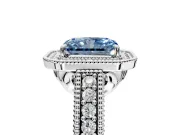 Milgrain Halo Engagement Ring Setting for Fancy Blue Radiant Cut Center with Pave Band and Prong Head in White Gold