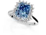 Starburst Halo Engagement Ring Setting for Fancy Blue Radiant Cut Center with Thin Round-Wire Band and Prong Head in White Gold