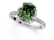 Halo Engagement Ring Setting for Fancy Green Radiant Cut Center with Openwork Halo, Pave Band and Prong Head in Sterling Silver