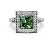Halo Engagement Ring Setting for Fancy Green Princess Cut Center with Milgrain Rim, Pave Band and Prong Head in Sterling Silver