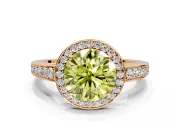 Bezel-Framed Halo Engagement Ring Setting for Fancy Yellow Round Cut Center with Pave Band and Prong Head in Rose Gold