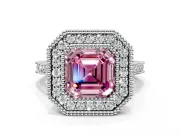 Halo Engagement Ring Setting for Fancy Pink Asscher Cut Center with Milgrain Frame, Pave Band and Prong Head in Platinum