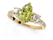3 Stone Engagement Ring Setting for Fancy Yellow Pear-Shaped Center with Round Cut Side Accents and Prong Head in Yellow Gold