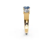 3 Stone Engagement Ring Setting for Fancy Blue Cushion Cut Center with Raised Basket Heads and Prong Head in Yellow Gold